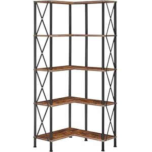 HOOBRO Corner Bookshelf, 5-Tier L-Shaped Bookcase, Industrial Open Display Shelf Tall Storage Organizer, Vertical Storage Rack, for Living Room, Home Office, Rustic Brown and Black BF60SJ01