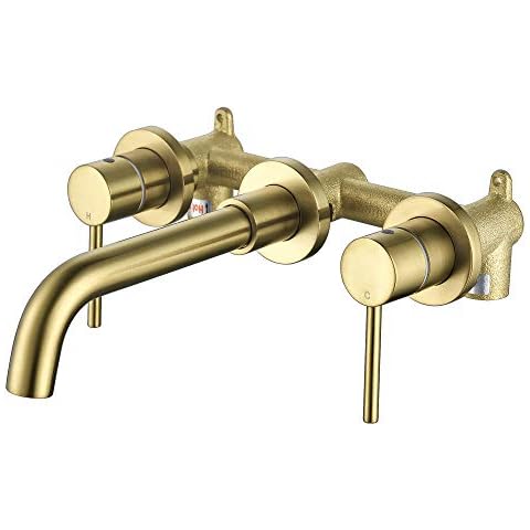 BESTILL Wall Mount Bathroom Sink Faucet with 2 Lever Handle, Brushed Gold Cover