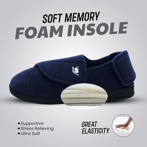 Image of Mens Extra Wide Width Diabetic Slippers Memory Foam With Adjustable Soft Non-Slip Orthopedic House Shoes for Elderly Swollen Feet, Arthritis, Edema