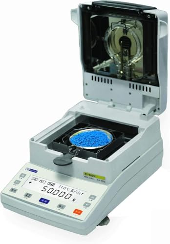 CNYST Halogen Heating Moisture Analyzer Halogen Moisture Tester Apply to Paper Food Feed Plastic Granule with Specification 110g/5mg Pan Size ?90mm Moisture Range 0.00%-100.00% Number of Storage 15