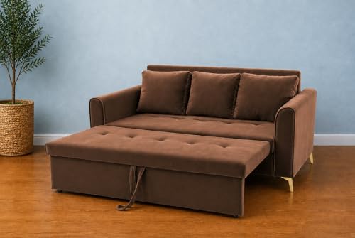 Image of Adorn India Premium Mystic - 3 Years Warranty - 3 Seater Sofa Cum Bed Velvet Suede Fabric - Brown