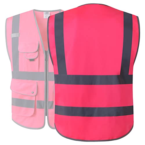Image of JKSafety 9 Pockets Class 2 High Visibility Zipper Front Safety Vest With Reflective Strips, Meets ANSI /ISEA Standards (Medium, 150-Pink)