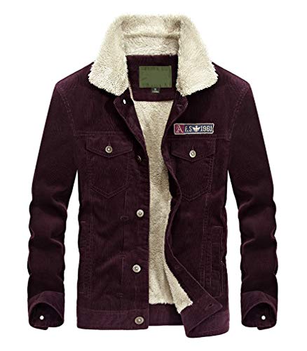 Lavnis Men's Corduroy Trucker Jacket Casual Stand Collar Button Down Fleece Denim Jacket Red XL