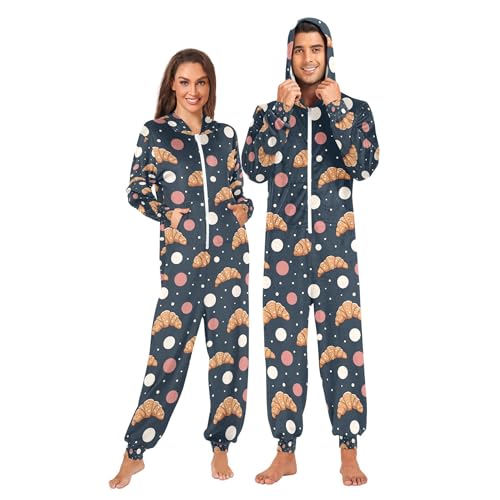 Pijama para mujer con capucha, diseño de cruasanes y lunares, color azul marino, Croissants y lunares de dibujos animados azul marino, XS