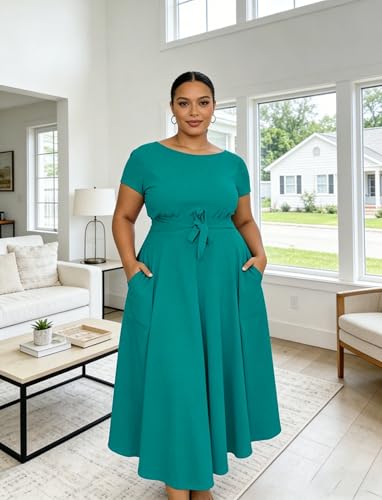 Image of Hostoyo Women Plus Size Formal A Line Maxi Dress Self Tie Waist with Pockets Elegant Round Neck Swing Long Dresses