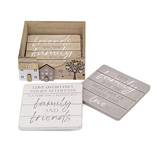 Lot de 4 dessous-de-verre en bois avec motif maison shabby chic | Citations de la famille et des amis avec support tasse et dessous de verre en bois