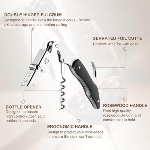 Foto von CORKAS Korkenzieher Kellnermesser mit edlem Holzgriff in Schwarz - Hochwertiger Weinöffner in Gastronomie-Qualität mit Flaschenöffner und Folienschneider – Das Kellnermesser Weinliebhaber
