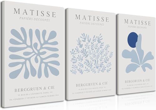 Djmwtb Matisse Canvas Wall Art Blue Abstract Poster Prints Framed Set of 3 Plant Leaves Aesthetic Pictures Minimalist Flower Market Painting Wall Decor for Living Room Bedroom Bathroom 16x24in