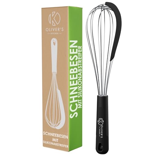 Olivers Kitchen Ballon-Schneebesen Edelstahl mit integriertem Silikonschaber - Ideal zum Backen und Kochen - Spiralschneebesen - Komfortabler Griff - Einfach zu reinigen