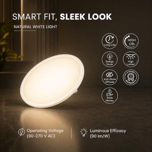 Image of Instapower 8W Downlight | Natural White Round LED Panel Light | Polycarbonate Ultra Slim Recessed Ceiling Fixture LED (2-Year Warranty, Pack of 4)