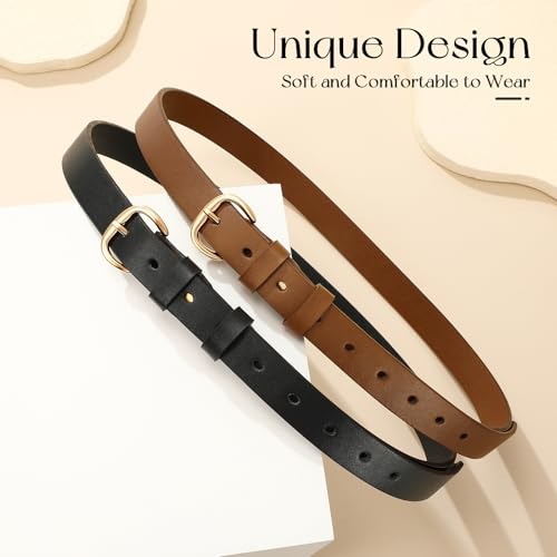 SANSTHS 2 Pack Faux Leather Belt Women for Jeans Pants Dresses, Skinny Belt Women with Gold Alloy Buckle3