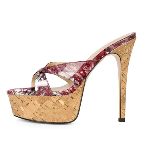 Image of Esvowido Heeled Mules for Women Cork Platform Stiletto Heels Slip on Open Toe High Heeled Sandals Crisscross Slippers Pumps Shoes