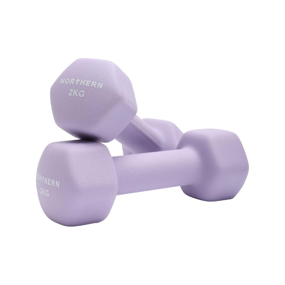 Northern Soft Lavender Neoprene Hex Dumbbells Pair, 1kg–8kg Hand Weights for Home Gym Strength Training, Non-Slip Hexagonal Dumbbells for Fitness, Aerobics, Yoga & Toning (2kg x 2)