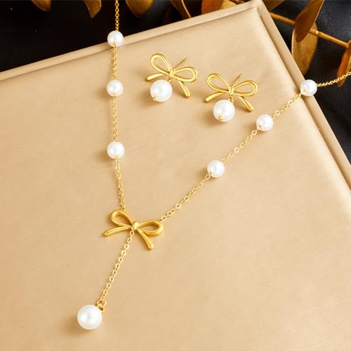 Elegant Stainless Steel Pearl Pendant Necklace & Earrings Set for Women, Hypoallergenic Jewelry Gift Set, Classic Boho Bridal Party Accessories - Image 6