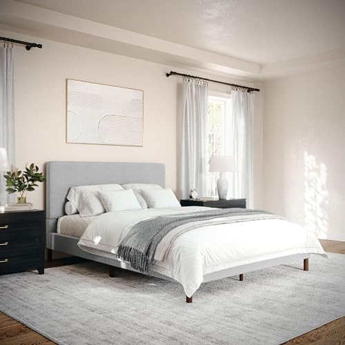Image of Martha Stewart Britta Platform Bed with Headboard & Footboard, Faux Linen Upholstery with Piping Detail, Rounded Headboard, No Box Spring Needed, Queen, Gray