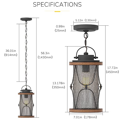 Inlight Outdoor Pendant Light For Porch, 1-Light Farmhouse Rustic Exterior Hanging Lantern, Matte Black And Barnwood Finish, Meshed Metal And Clear Seeded Glass Shade, Bulb Not Included, In-0625-1-Bk #TOP3