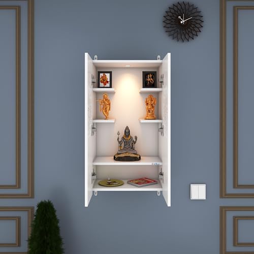Image of Anikaa Engineered Wood Spirit LED Light Wall Temple Shelf Puja Stand Pooja Modern Designe Temple Mandir for Office & Home Decoration - White (D.I.Y - Do-It-Yourself)