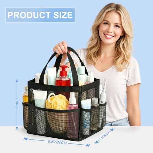 Mesh-Shower-Caddy-Portable-with-9-Pockets-for-College-Dorm-Room-Essentials-Black-Shower-Bag-Dual-Handles-Quick-Dry-Mesh-for-Toiletry-Camping-Swimming-Gym-Beach