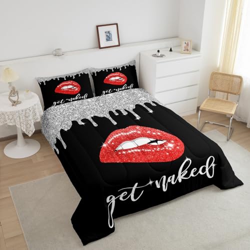 Image of Feelyou Red Sexy Lips Bedding Set Full, Diamond Get Naked Comforter Set Glitter Lips Comforter for Kids Toddler Funny Get Naked Duvet Set 3Pcs Reversible