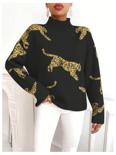Image of WDIRARA Women's Leopard Tiger Print Sweater High Neck Long Sleeve Fuzzy Knitted Pullover Top