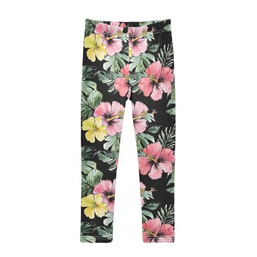Hibiscus and Tropical Leaf Girls Casual Leggings for Kids Printed Long Pant Bottoms Stretch and Soft