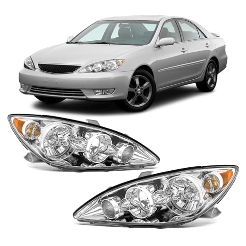 Headlamp for Toyota Camry 2005-2006 Headlights Assembly with Chrome Housing Amber Reflector Replacement Left + Right (Bulbs Not Included)