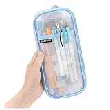 EASTHILL Grid Mesh Pen Pencil Case with Zipper Clear Makeup Color Pouch Cosmetics Bag Multi-Purpose Travel School Teen Girls Transparent Stationary Bag Office Organizer Box for Adluts(Blue)