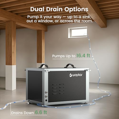 Image of Waykar 125 Pints Crawl Space Dehumidifier with Remote Control and Pump, Dual Duct HVAC Commercial Whole-House Dehumidifier for Basement, Industrial Water Damage Unit - 5-Year Quality Coverage