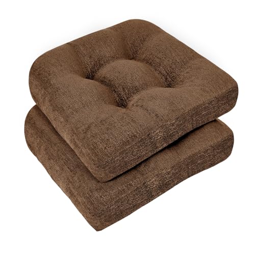 downluxe Chair Cushions for Dining Chairs 2 Pack, Tufted Indoor Chair Pads with Non-Slip Bottom, U-Shaped Kitchen Chair Cushions, 18"x18"x4", Brown