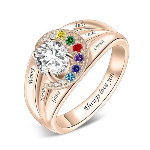 BAUMA AUTO Sterling Silver Personalized Mothers Ring with 1-8 Simulated Birthstones Engraving Family Name Ring for Mother Grandma Wife Girlfriend on Mother's Day Christmas Anniversary2
