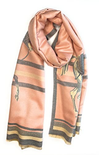 Beyond Joy Pashmina-Cashmere Substitute 100% Acrylic Shawl Scarf w Double sided Colors w 2 XL Horses designs in 4 Colors (Light Pink-Grey)