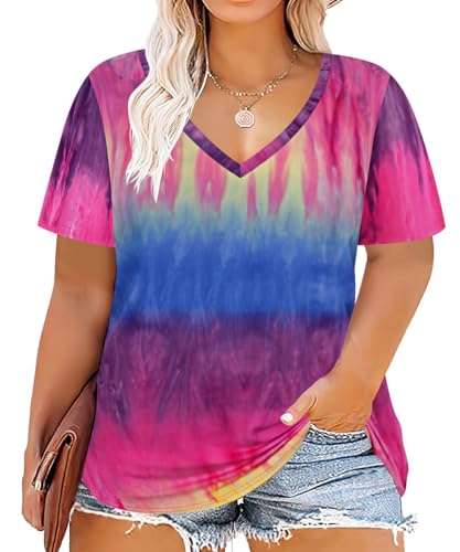 Image of CARCOS Plus Size Tops for Women Short Sleeve Shirts Basic Tee Solid Color Blouse V Neck Tunic Loose Fit Tshirts Summer XL-5XL