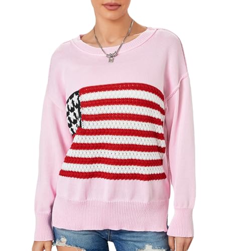Image of Women American Flag Sweater Loose Vintage USA Sweatshirt Long Sleeve Crewneck Hollow Out 4th of July Jumper