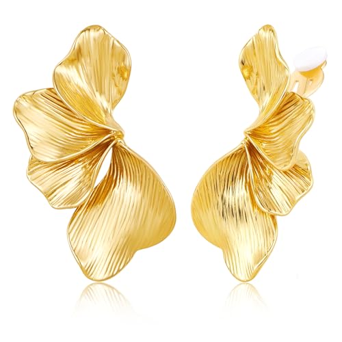 Image of Gold Flower Clip On Earrings for Women, Statement Textured Petal Flower Earrings with Soft Cushion Pads, Lightweight Non Pierced Floral Jewelry