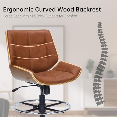 Image of Drafting Office Chair Ergonomic Executive Computer Standing Desk Chair with Adjustable Height and Footrest Ring, Drafting Chair for Counter Height Desk and Drawing (Brown)
