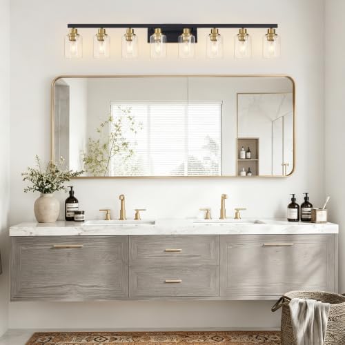 Image of 8-Light Bathroom Light Fixture Black and Gold Vanity Lights,52 inch | Vanity Lights for Bathroom,Clear Glass Shade,over Mirror,Modern Wall Sconces Farmhous Wall Mounted for Bathroom,E26 Base