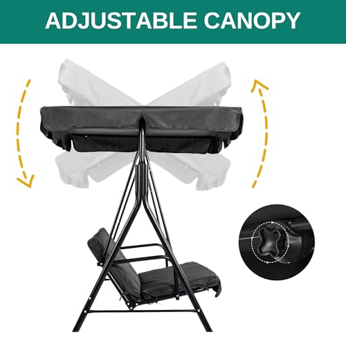 YITAHOME Outdoor Patio Swing Chair, 3 Person Porch Swing with Adjustable Canopy, Removable Cushion,Suitable for Garden, Poolside, Balcony,(Black)