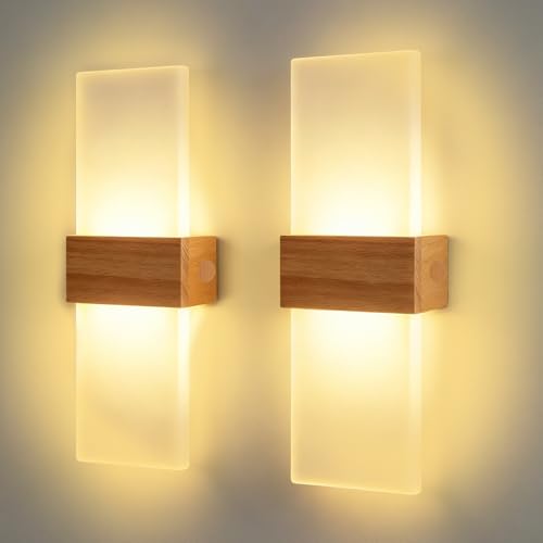 2 Pezzi Applique da Parete LED per Interni 12W Luce Bianca Calda 3000K LED Moderno Lampada da Parete aus Acryl Up Down Illuminazione da Parete in Legno per Camera da Letto Corridoio Soggiorno Scala