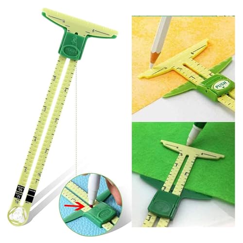 Image of 5-In-1 Sliding Sewing Gauge And Hem Ruler, Green | Plastic T-Shaped Ruler Adjustable From 0 To 5 Inches For Seam Allowance, Button Holes, Hem Marking, Quilting And DIY Crafts