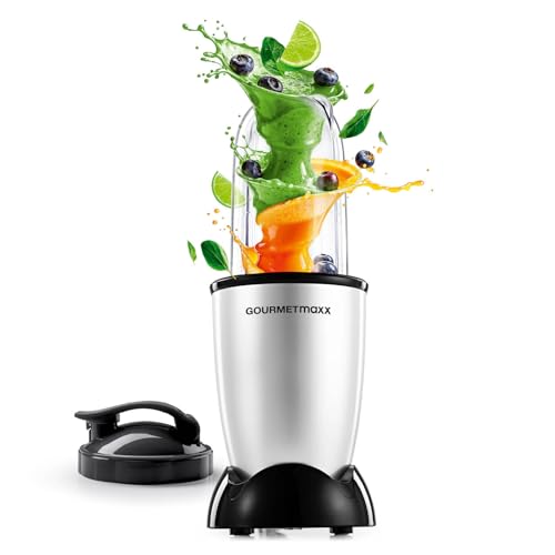 GOURMETmaxx Mr. Magic Mixer, 4 pezzi, Powerbase da 400 W, lama a croce, tazza da 500 ml, coperchio per smoothie e frullatore, per frullati, salse, facile da pulire, colore: argento/nero