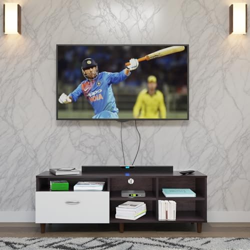 Image of VIKI Modern TV Unit for Living Room | Engineered Wood TV Cabinet with 1 Drawer Storage & 3 Open Shelves, Entertainment Unit, 140W x 48H x 40D cm | DIY | 1 Year Warranty (Wenge & White)