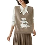 Valin Jersey de punto para mujer 95% cachemira, cuello en V, sin brazos, jersey de punto para mujer, lana de cachemira, patrón de perro, suéter grueso relajado, YD2423, camel, 46