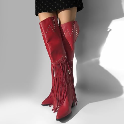 richealnini Fringe Thigh High Boots with Tassels Wide Calf Over Knee Western Cowboy Boots4