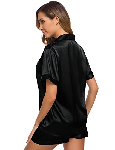 Image of SWOMOG Womens Silk Satin Pajamas Set Short Sleeve Sleepwear Button Down Top and Shorts Loungewear 2 Piece Pjs Set XS-3XL