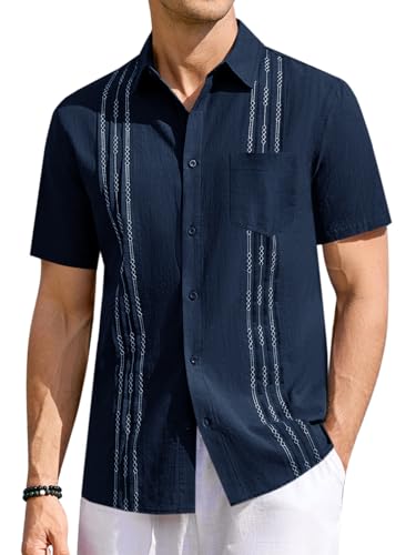 Runcati Mens Linen Shirt Guayabera Cuban Short Sleeve Button Down Summer Beach Hippie Shirts