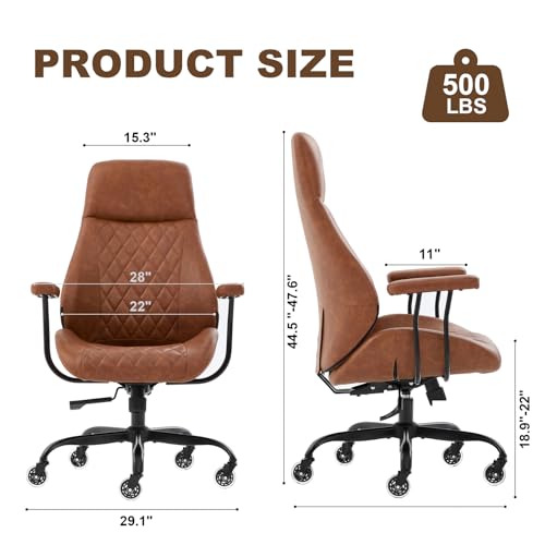 Image of E-Motie Office Chair with Rubber Wheels, Ergonomic Computer Chair 500 lbs, Leather Desk Chair with Lumbar Support, Executive Chair Adjustable Height & Recline, Brown