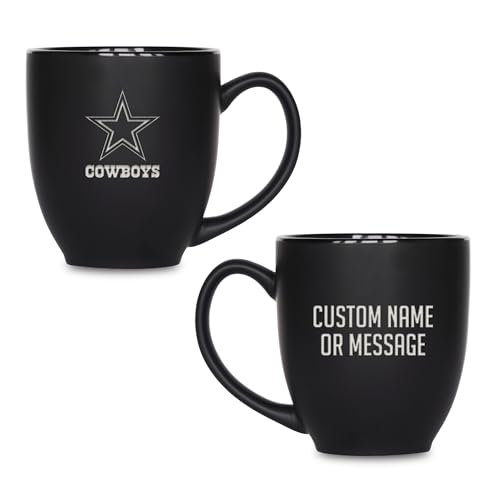 Image of Rico Industries NFL Football 15oz Personalized Laser Engraved Matte Black Ceramic Bistro Mug - For Hot or Cold Drinks