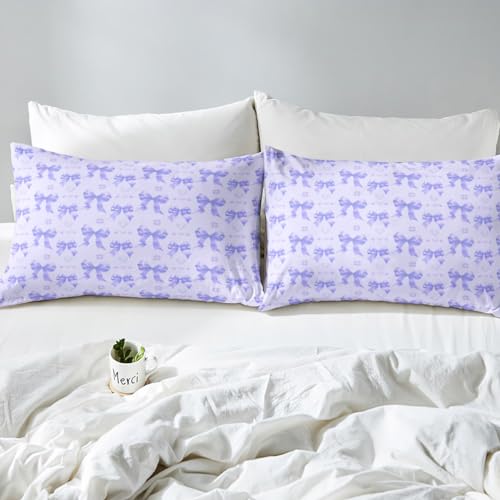 Parure de lit simple motif nœud mignon et graffitis violets avec 3 pièces