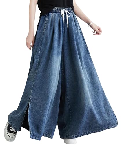 SEMATOMALA Women's Wide Leg Baggy Culottes Jeans Pants Plus Size Loose Fit Elastic Waist Palazzo Denim Pants