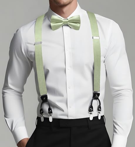 Image of Dubulle Suspender and Bow Tie for Men Paisley Solid Mens Suit Braces Pretied Bowtie and Handkerchief Cufflinks Formal Wedding